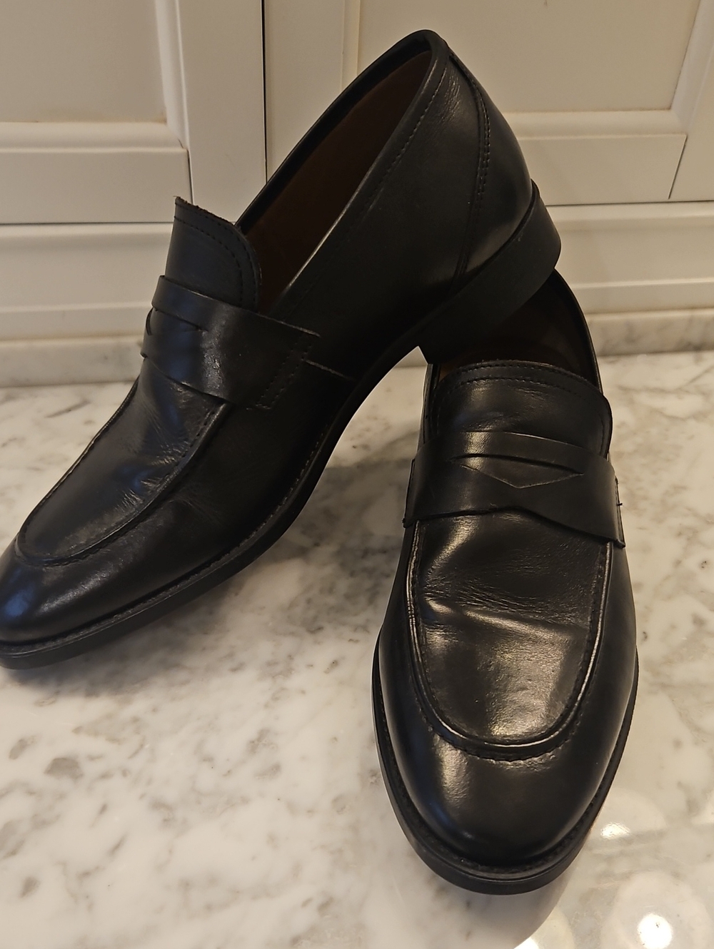 Men's Black Leather Penny Loafers - Sleek Slip-On Dress Shoes